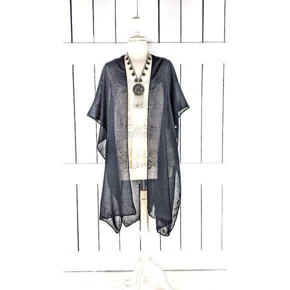 Tops - Solid black sheer gauzy cotton kimono cardigan cover up